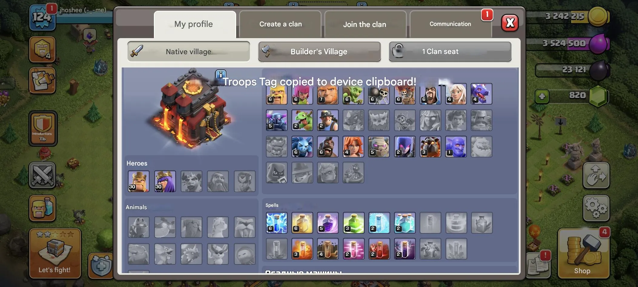 COC570 TH10 124 LVL 800 Gems 5 Builders Skin Heroes 30/30 King Queen Warden Max Lab Heroes 
